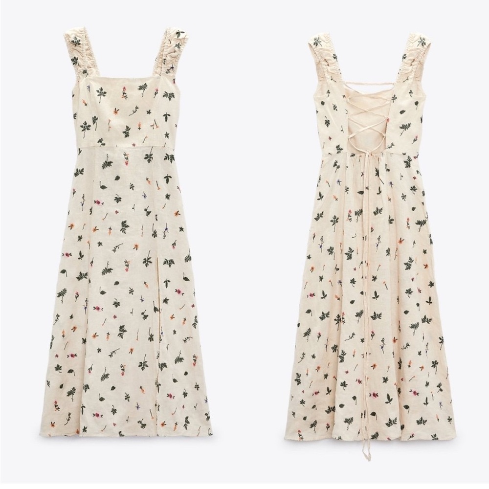 Zara Floral Print Cream Linen Midi Dress Small
